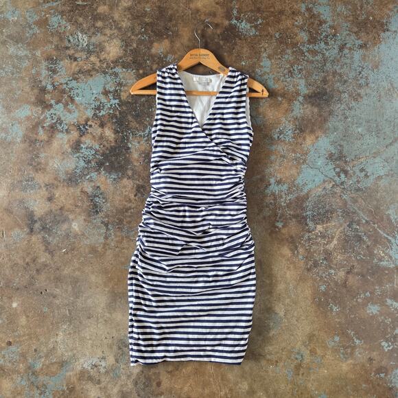 Boden Breton Striped V Neck Sheath Dress Size 4 Ruched White Blue Fitted Stretch - Picture 1 of 6